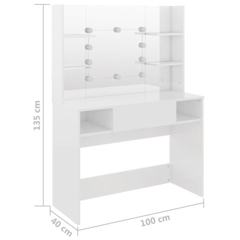  Stolik do makijażu z LED, 100x40x135 cm, MDF, lśniący biały