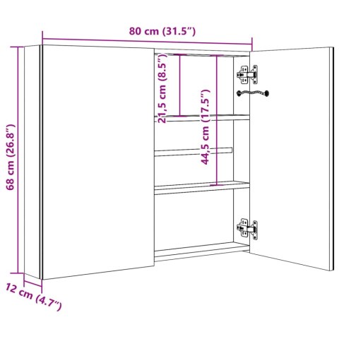  Szafka łazienkowa z lustrem i LED, lśniąca biel, 80x12x68 cm